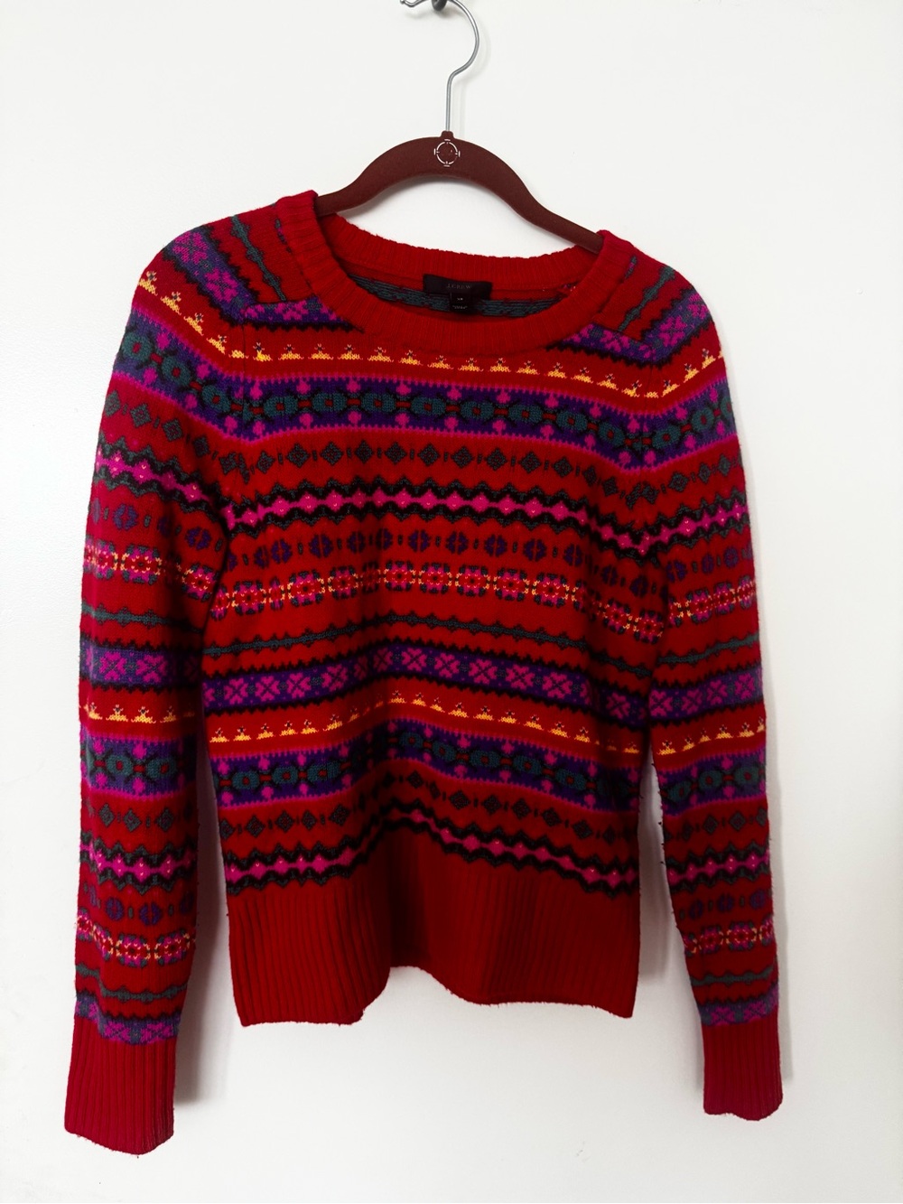 J. Crew Red Fair Isle Crewneck Sweater with Multicolor Stripes